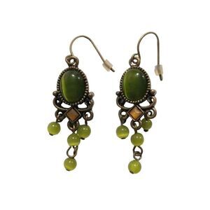 Vintage Green Cat Eye & Beads Dangle Drop Earrings Brass Hook